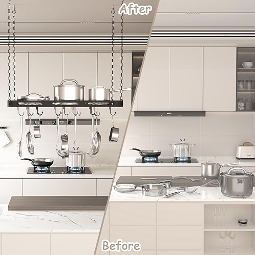 Miniatura 4 de Estante colgante para ollas y sartenes de 33 pulgadas, soporte de techo negro con 15 ganchos, estante cuadrado de metal resistente para ollas y