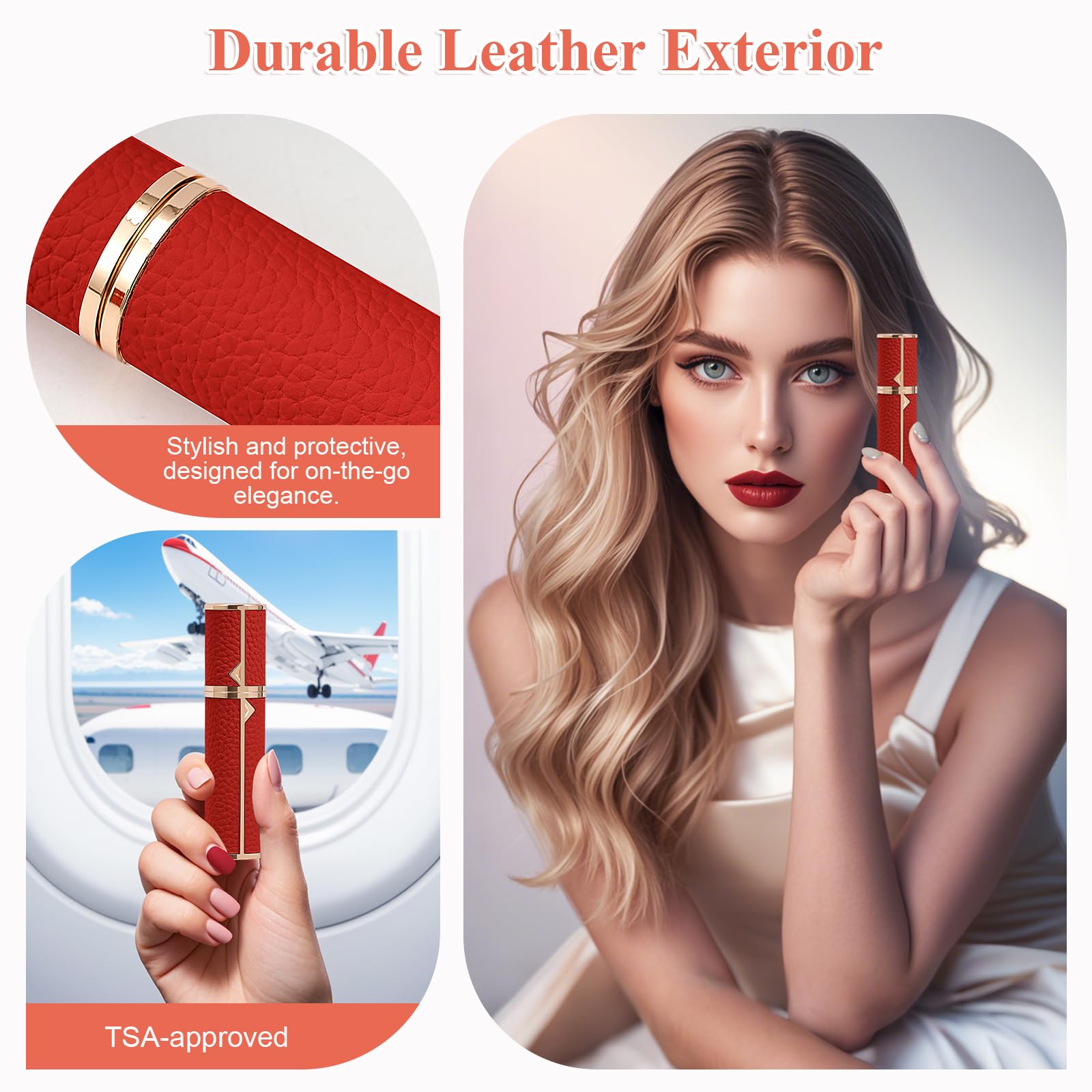 Bottiglia di profumo da viaggio ricaricabile, nebulizzatore fine, riempimento inferiore, guscio in vera pelle, approvato TSA, per rinfrescarsi e viaggi quotidiani (rosso, 10 ml)