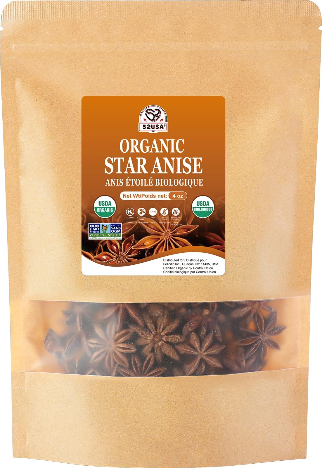 52USA Organic Star Anise, 4 Ounce (Pack of 1), NON-GMO Verified Chinese Star Anises Whole, Dried Star Anise Pods for Tea and baking