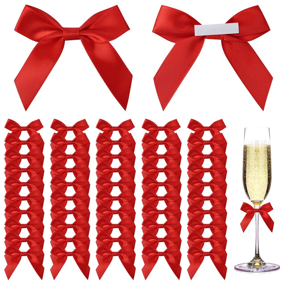 Lot de 50 nœuds en Satin, 6 cm Petits nœuds décoratifs Faits à la Main, Noeud Cadeau avec pastilles adhésives, Décoration pour Noël, Emballage Cadeau, travaux manuels, Anniversaires