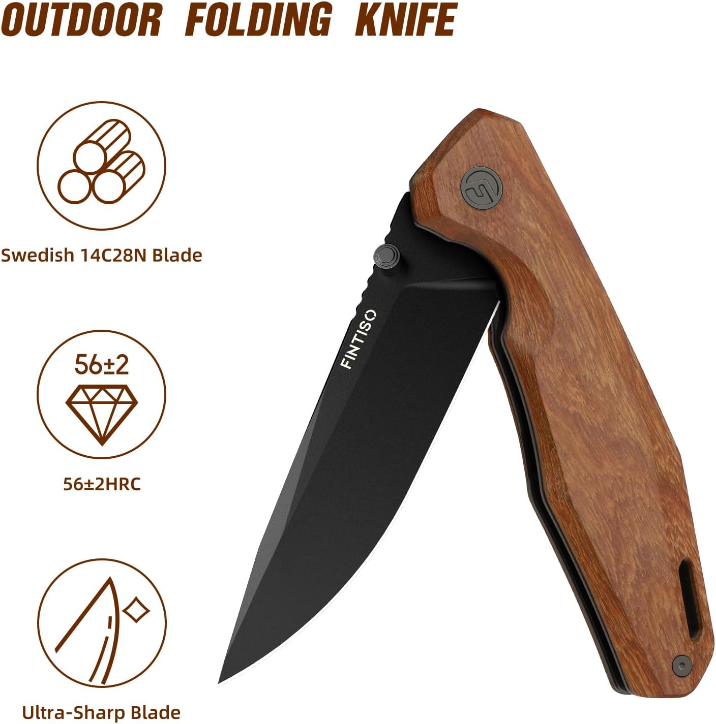 FINTISO Odyssey 3.22" Folding Knife, Pocket Knife with Premium 14C28N Blade, Red Sandalwood Wood Handle, Pocket Clip, Portable EDC Knife for Outdoor Camping Hiking, Gift for Men Women