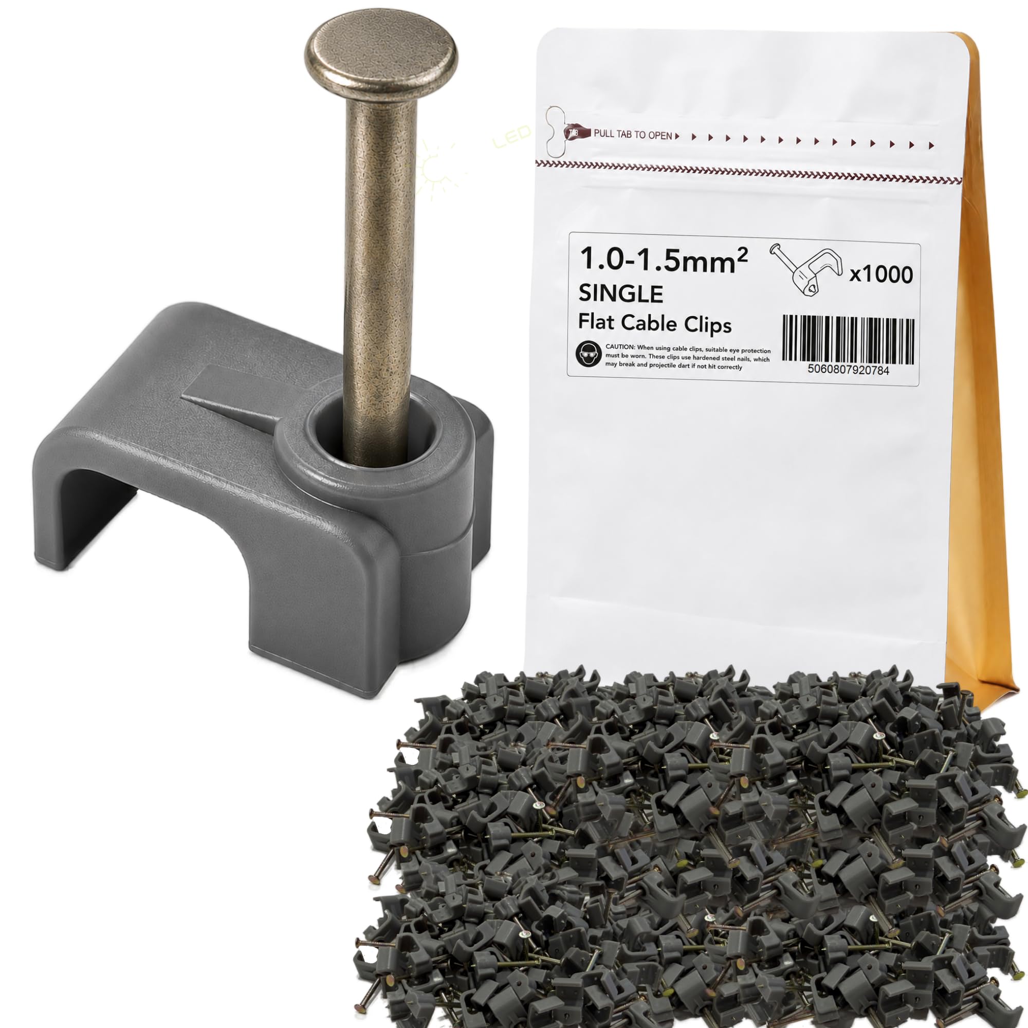 Pack of 1000 1mm-1.5mm Flat Cable Clips for Twin & Earth Cable, Ethernet Cable & Electrical Wiring, Nail-In Wall Cable Clips, Grey