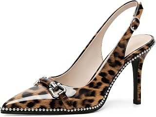 AUMOTED Women Beaded Pumps Slingback High Heel Stilettos Pointed Toe Shoes Slip On 3.5 Inch Ankle Strap Adjustable Patent Leather US Size 5-13