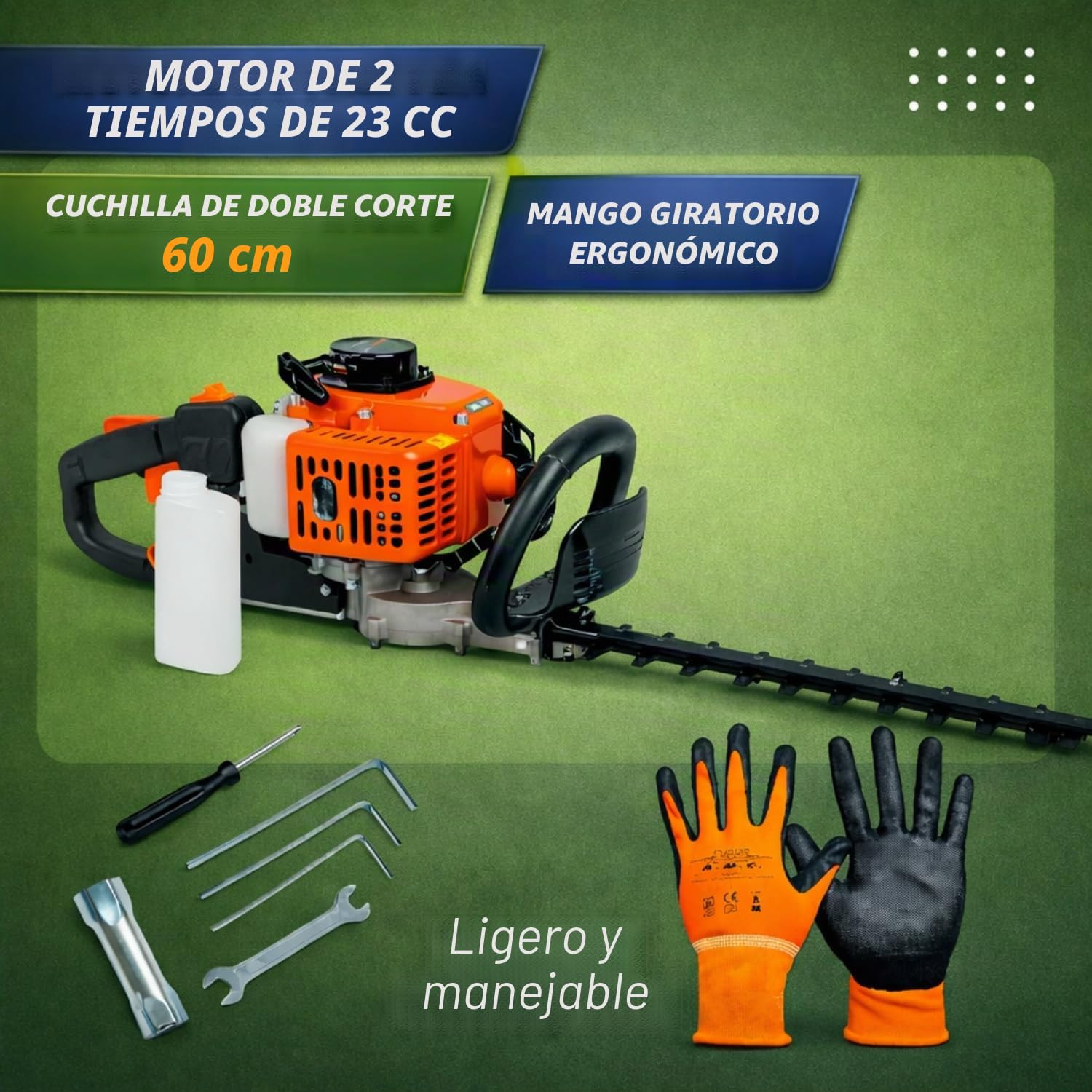 Cortasetos de gasolina con motor de 2 tiempos de 23 cc, cuchillas de doble corte de 60 cm, mango giratorio articulado y ergonómico, espaciado de dientes de 20 mm: ligero, potente y fácil de manejar