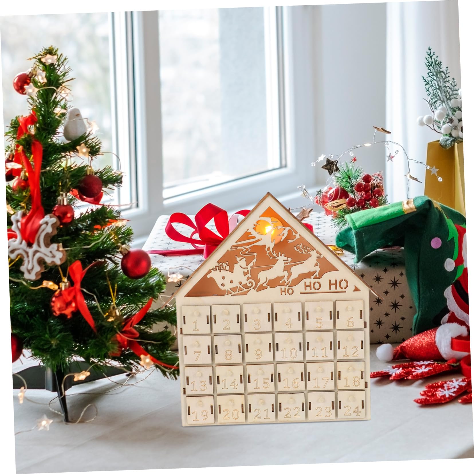 MAGICLULU 24cassetto Calendario del Conto alla Rovescia di Natale in Legno Calendario Avvento Illuminato Decorazione Natalizia Rustica Riutilizzabile per Famiglia