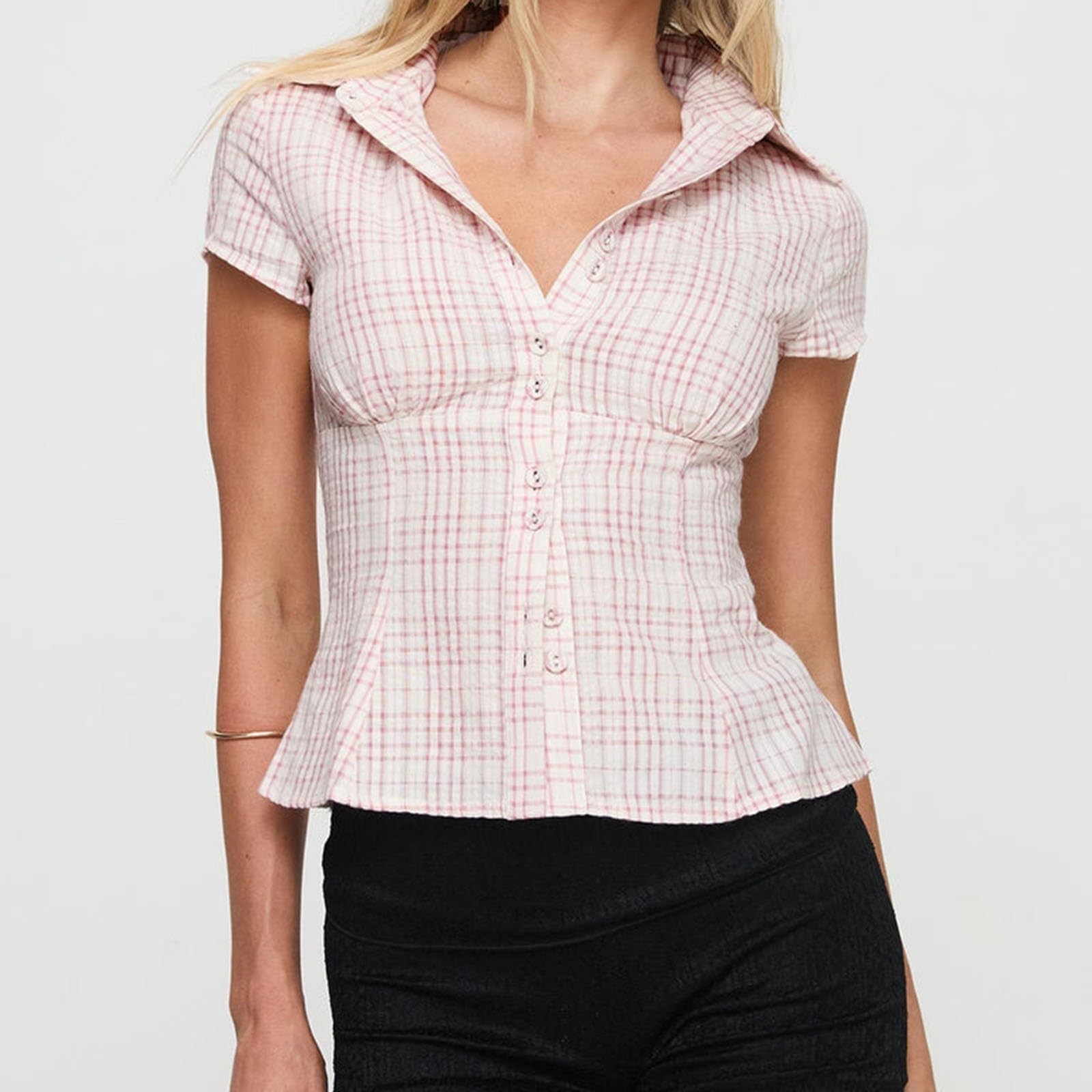 1 Pièces Femmes Manches Courtes À Carreaux Chemise Boutonnée Chemisiers Boutonnés Hauts Décontracté D'été pour Les Voyages,Le Bureau
