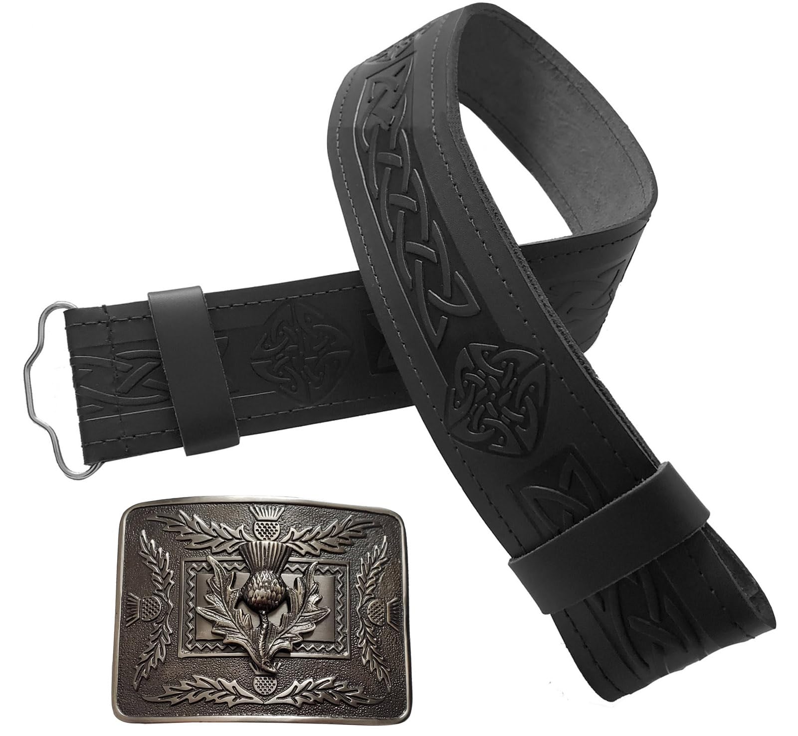 STITCHIFY Traditional Scottish Leather Kilt Belt and Antique Thistle Buckle - Size 30-36