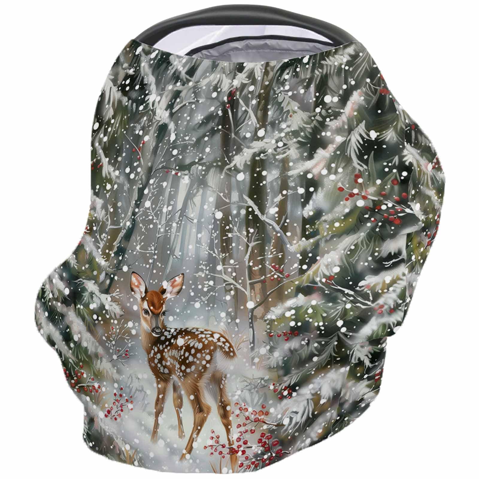 Nursing Cover for Breastfeeding Scarf, Winter Illustration Pine Forest Deer Falling Snow Baby Car Covers Super Soft Multi Use for Canopy Shopping Cart Cover Blanket Stroller Cover