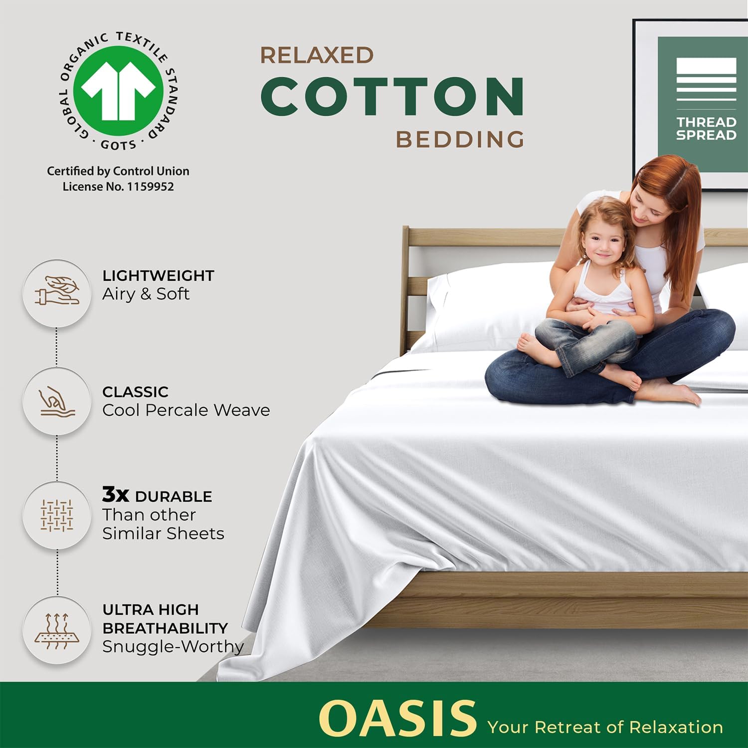 THREAD SPREAD 100% Organic Cotton Percale Sheets King Size - 4 PC White Organic Sheets King Set, Soft, Crisp & Cooling, Fully Elasticized 16" Deep Pocket Hotel Bedsheet Set - GOTS Certified