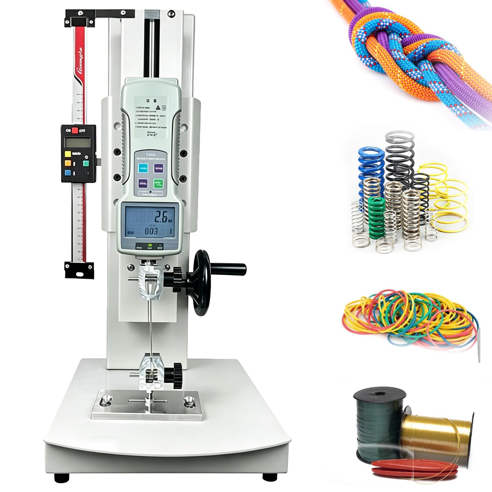 Osnzyc 10N-2000N Digital Pull Force Tester, Hand Crank Vertical Tensile Test Bench, 5 Probes, 2 Testing Clamp, Stroke 300mm, for Compression and Tension Testing WithRuler-20N