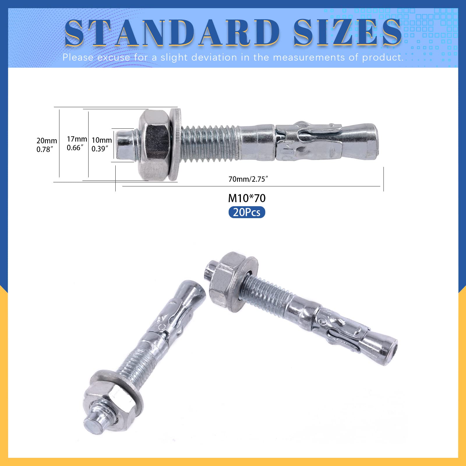 Glarks 20Pcs 3/8" x 2-3/4" Wedge Anchors Zinc Plated Heavy Duty Fastener for Concrete, 3/8" x 2-3/4" (20pcs) - Image 2