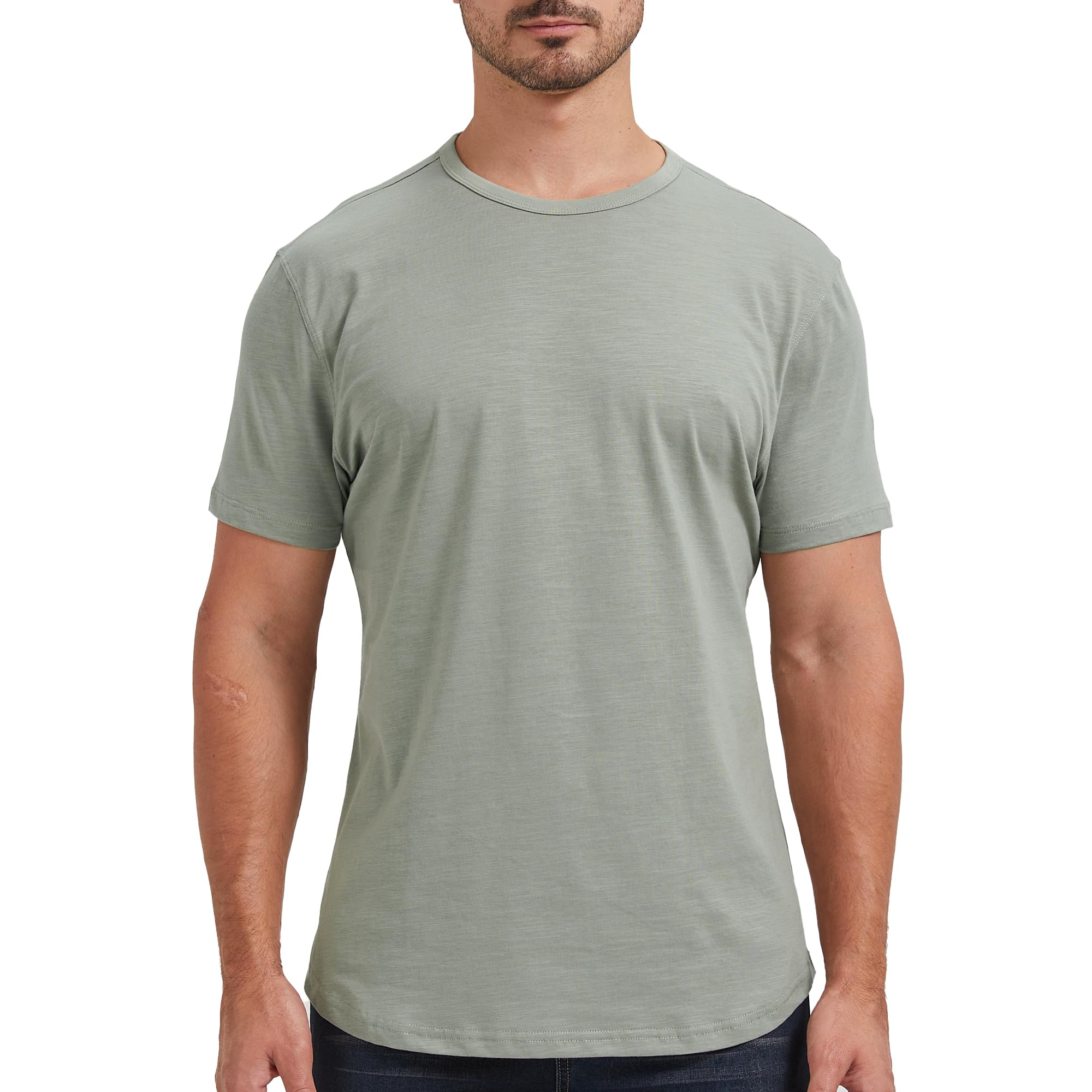 netdraw Men's Curved Hem 100% Slub Cotton T-Shirt Premium Casual Stylish Soft Crewneck Tee, Sage, Large