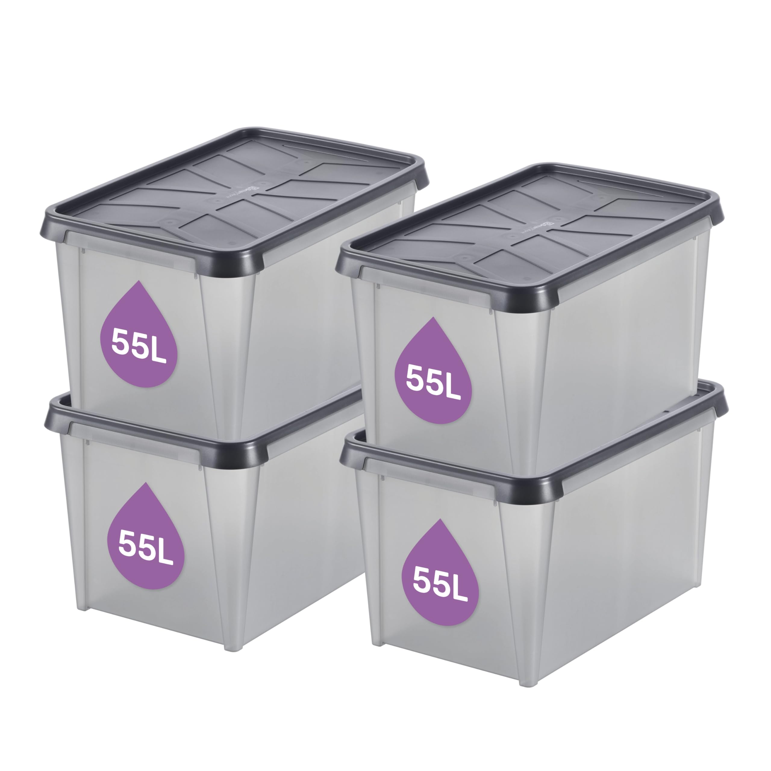 SmartStore 50 L Waterproof Plastic Storage Boxes with Lids-Set of 4-Frosted-Stackable and Nestable-10 Year Guarantee-Food Safe and BPA Free-IP44 rating-L60 x W40 x H35 cm, Anthracite, 3462050RP