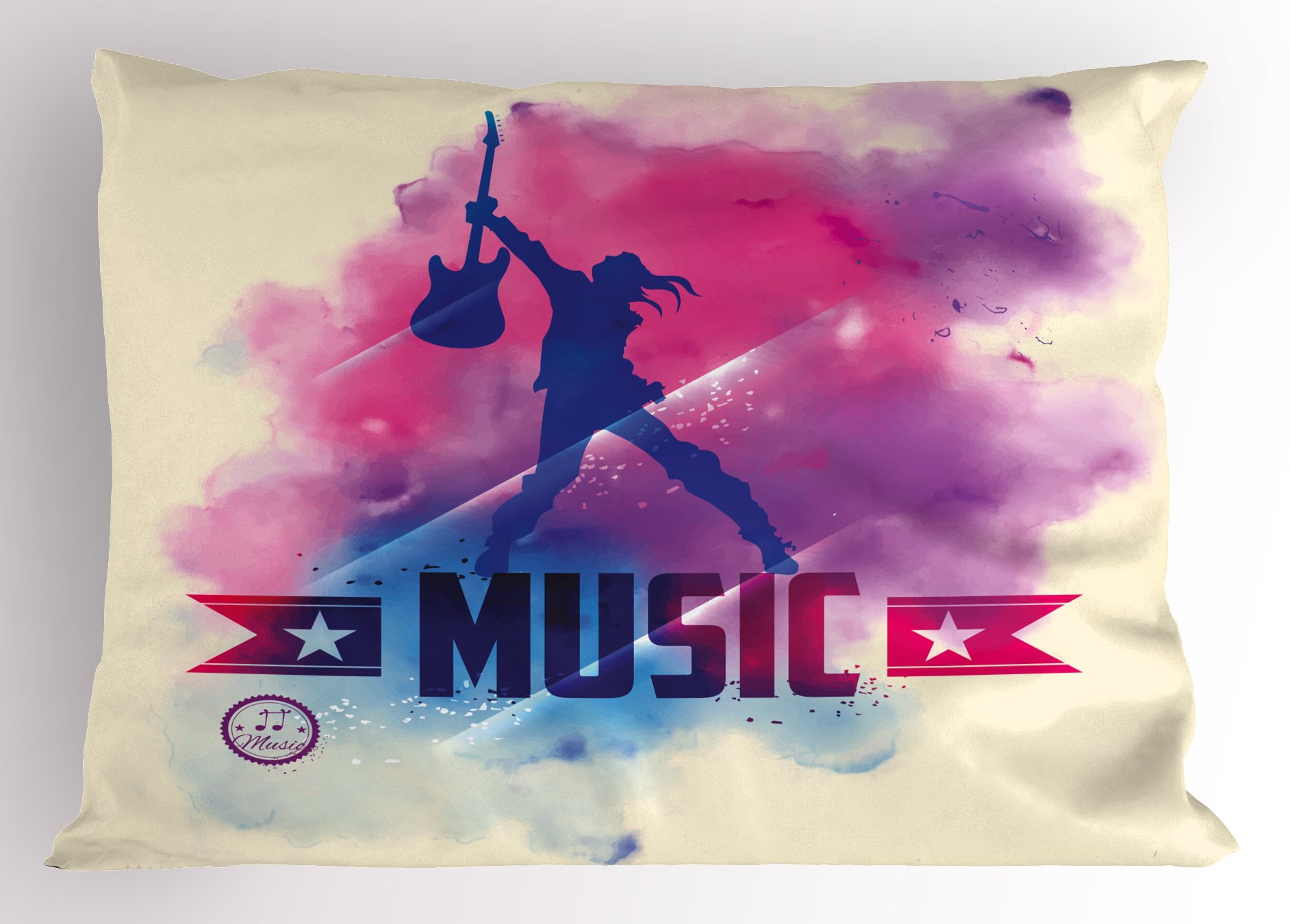 Ambesonne Modern Pillow Sham, Rock Star with Guitar Inside Watercolor Cloud with Musical Words Print, Decorative Standard Size Printed Pillowcase, 30