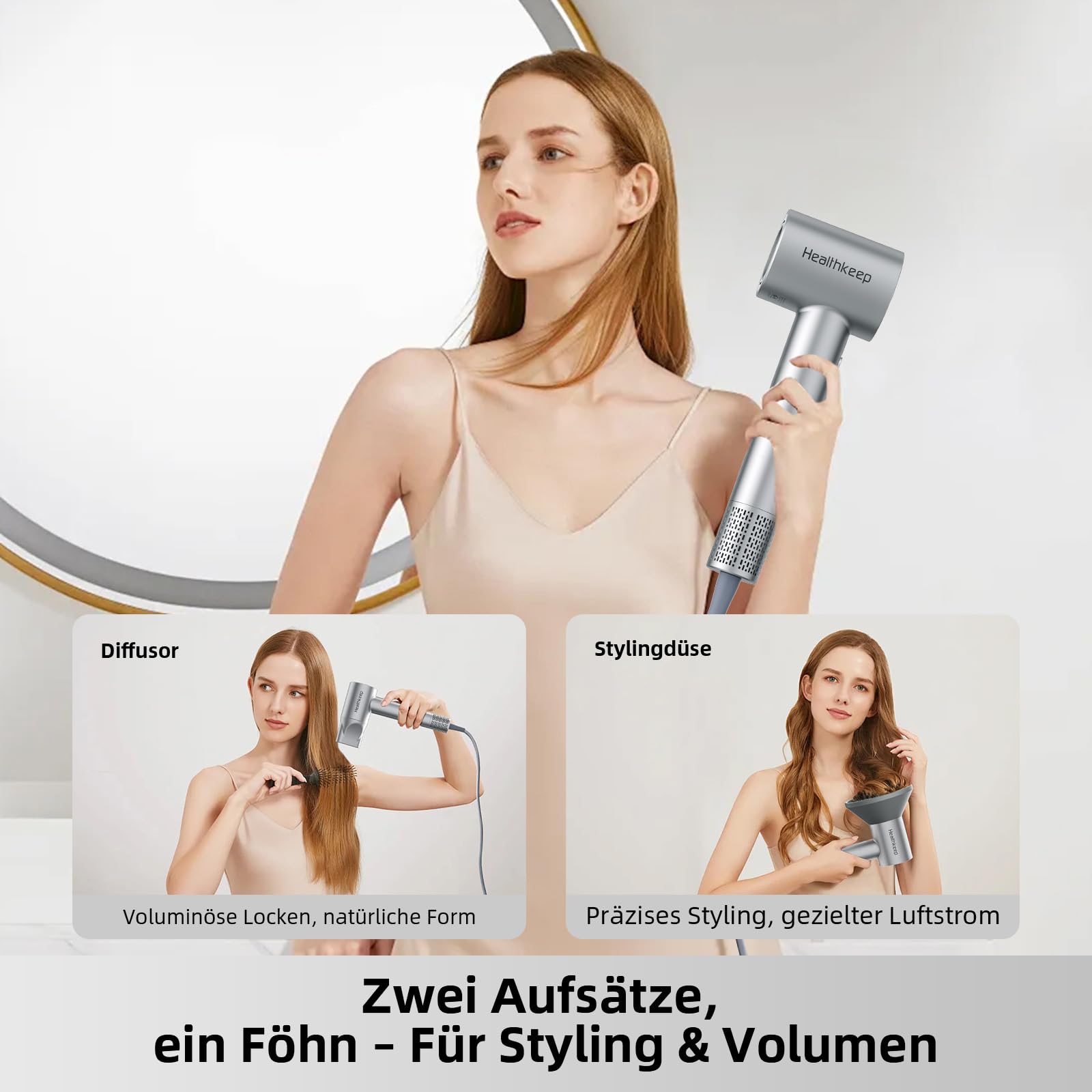 Healthkeep Föhn Negativen Ionen mit 2 diffusor, Haartrockner 200-Million-Ionen leise Fön(<78 dB) 1600W von 10.000 U/min Hochgeschwindigkeits Luftkanal, Haar Hair-Dryer Schnelltrocknende,Legierung