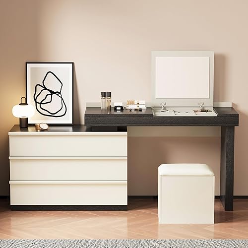 Moderno tocador de maquillaje extensible de 47 a 70 pulgadas con espejo y organizador de joyas, tocador grande con tres cajones y taburete a juego