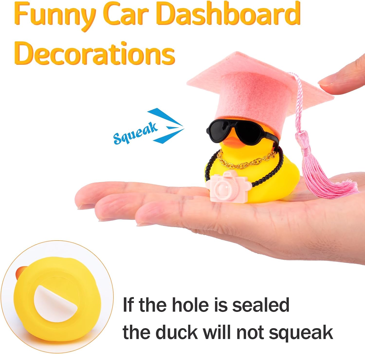 wonuu Rubber Duck Car Decoration Color Graduation Hat Camera Car Ornaments Duck Car Dashboard Decorations for Cool Car Accessories with Necklace and Sunglasses, Blue