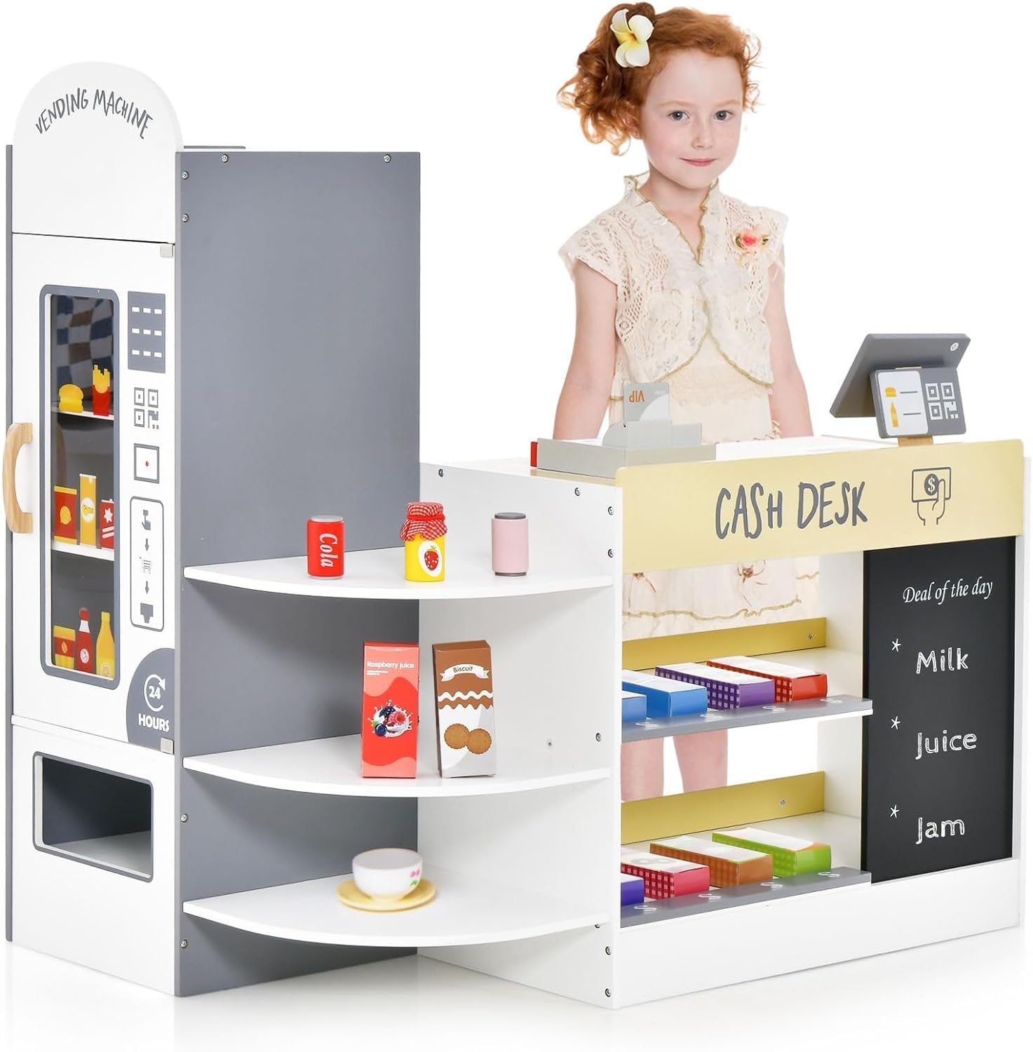 Kids Grocery Store Playset, Wooden Supermarket Toy Set with Cash Register, Vending Machine, Play Food Accessories, Blackboard, Pretend Play Store Gift for Toddler Boys Girls (Grey + White) — image 1