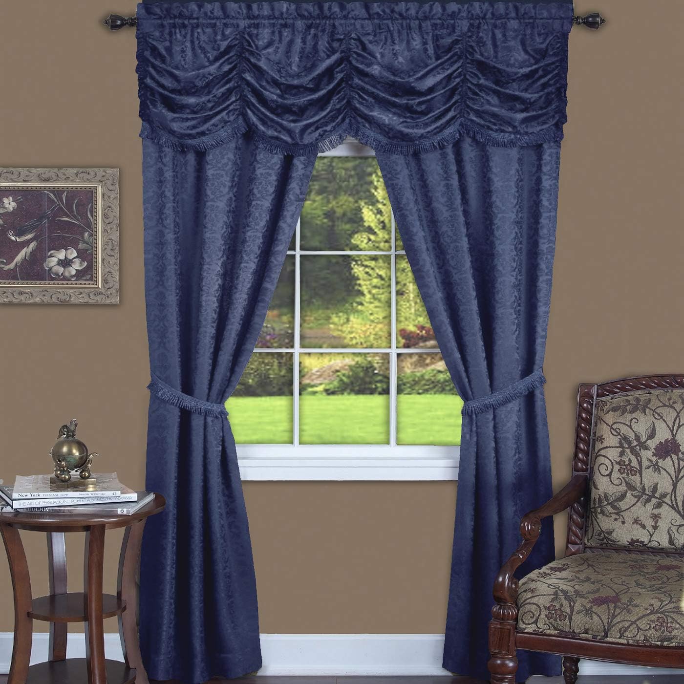 PowerSellerUSA 5-Piece Complete Window Curtains Set with Panels, Valance, Tiebacks, Room Darkening Curtains, Luxurious Window Curtains for Living Room, Bedroom, Dining Room, 55" W x 84" L, Navy Blue