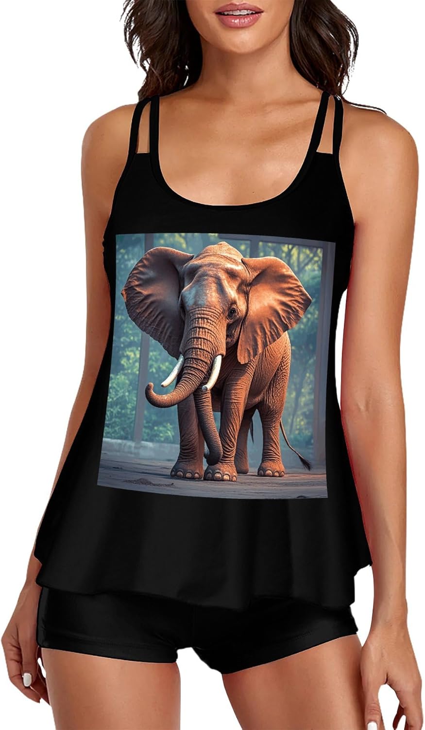 Elephants Red Tankini Swimsuits for Women Tummy Control Two Piece Bathing Suits Swim Tops with Boy Shorts