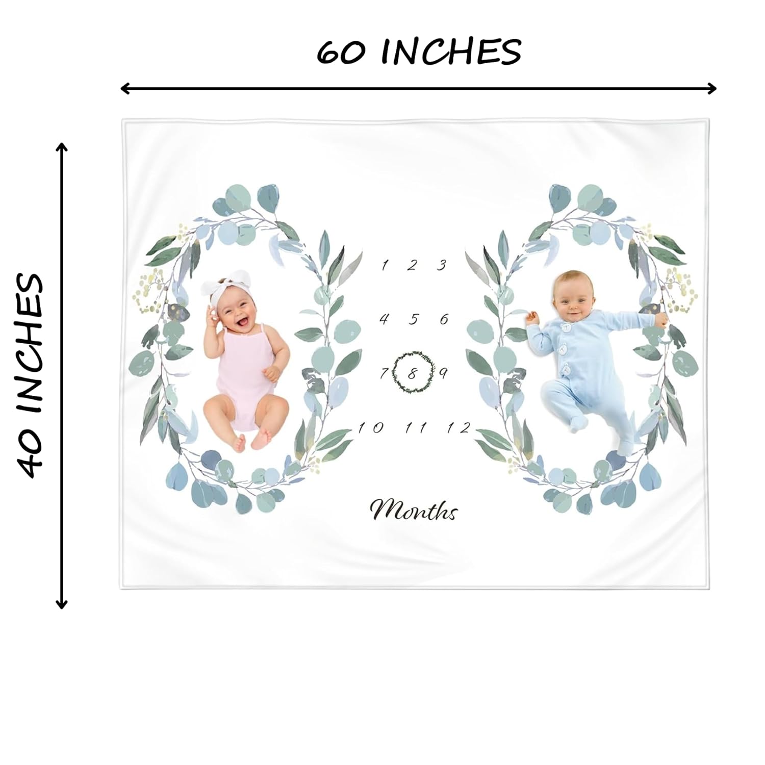 Twins Baby Monthly Milestone Blanket – Soft Fleece Month Blanket – Eucalyptus Leaves Design – Gender Neutral for Twin Boys or Girls, Baby Shower Nursery Decor, Twin Baby Essentials, 60x40