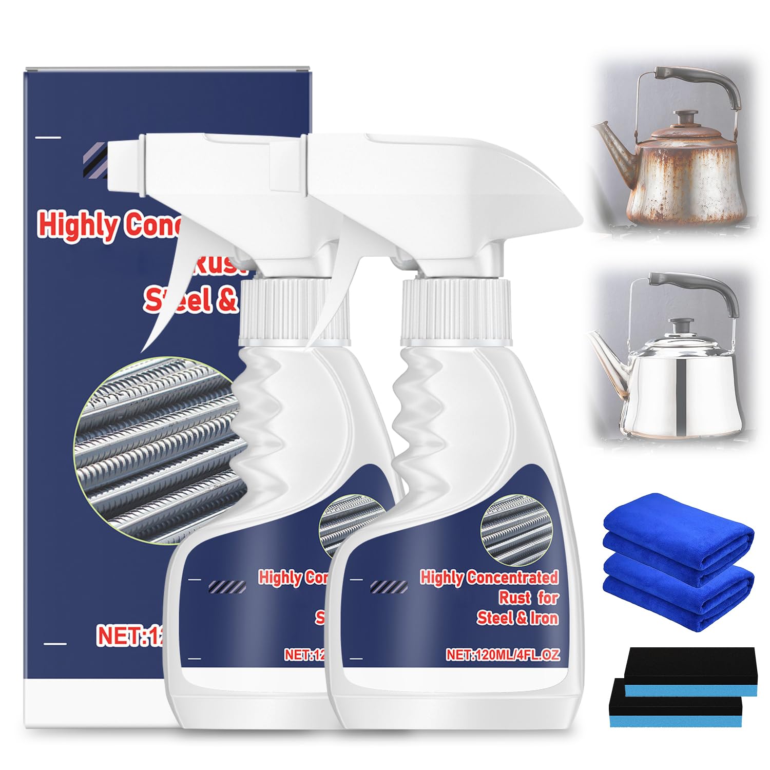 2Pcs Highly Concentrated Rust Remover for Steel & Iron,Heavy Duty Rust Remover Spray No Scrubbing,Rust Remover Heavy Duty for Metal,Powerful Rust Remover for Tools,Stainless Steel-240ML