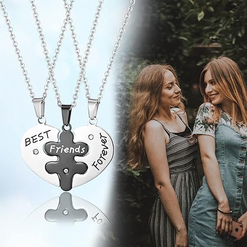 Miniatura 5 de Collar de amistad BFF colgante 3 rompecabezas grabado corazón Best Friends Forever Rhinestone juego de collares de aleación