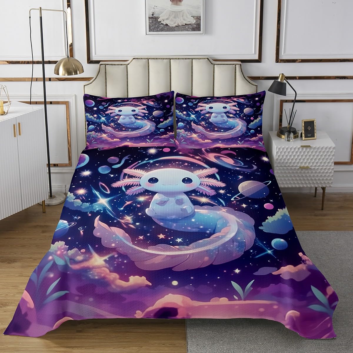 jejeloiu Cute Axolotl Bedspread Salamander Bedspread for Kids Boys Girls Galaxy Space Coverlet Set Planet Quilted Bedroom Collection 2Pcs Twin Size