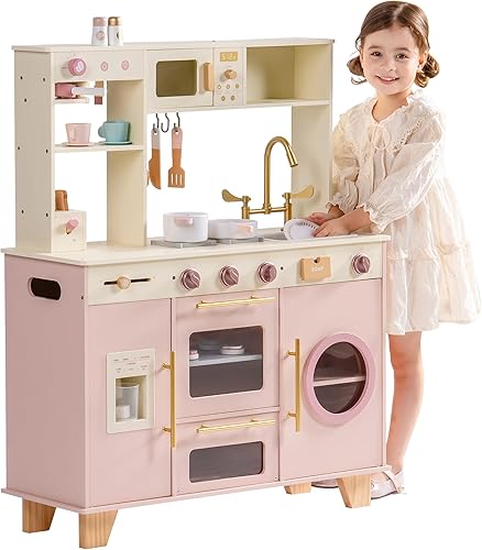 ROBOTIME Cocina de juego para niños, cocina moderna de juguete de madera con máquina de hielo, cafetera, horno, microondas, tostadora, estufa,