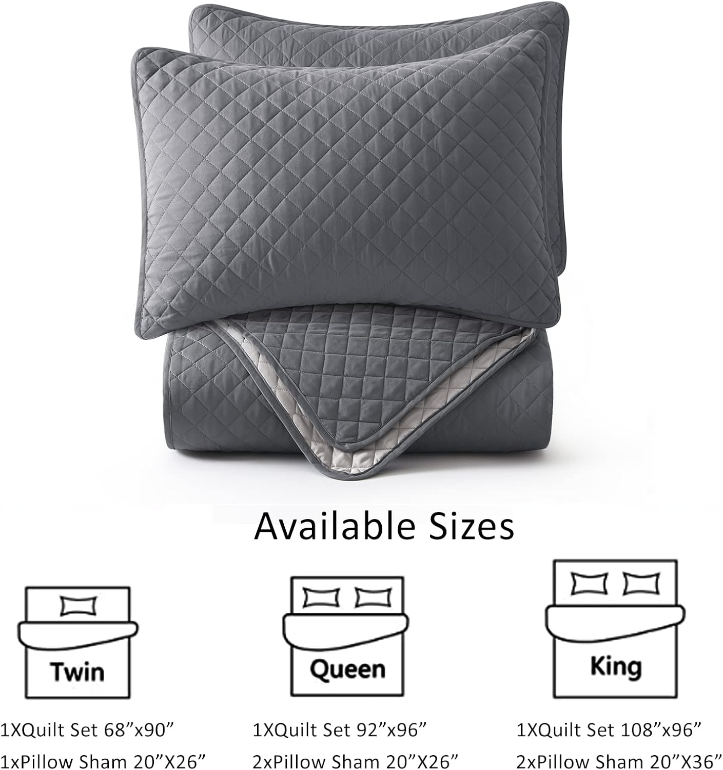 COMFLIVE Reversible King Quilt Set, Geometric Pattern King Size Bedding Set with Pillow Shams, Ultra Soft Lightweight Quilt Bedspreads & Coverlets for All Season - 3 Piece (Charcoal/Grey)