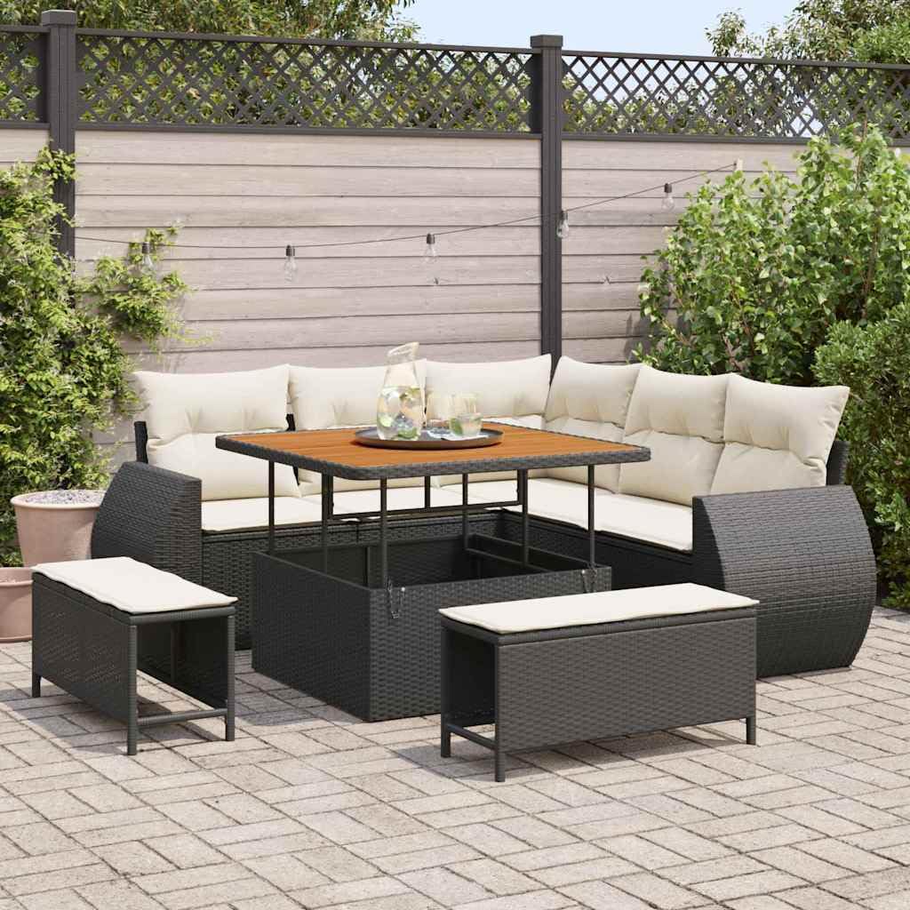 Set Divano da Giardino 8 Pezzi Nero e Crema Polyrattan Modulare con Tavolo Regolabile Ikea Outdoor per Terrazza Giardino Divano Angolare Resistente UV Impermeabile Cuscini 7 Esterno 8 Posti