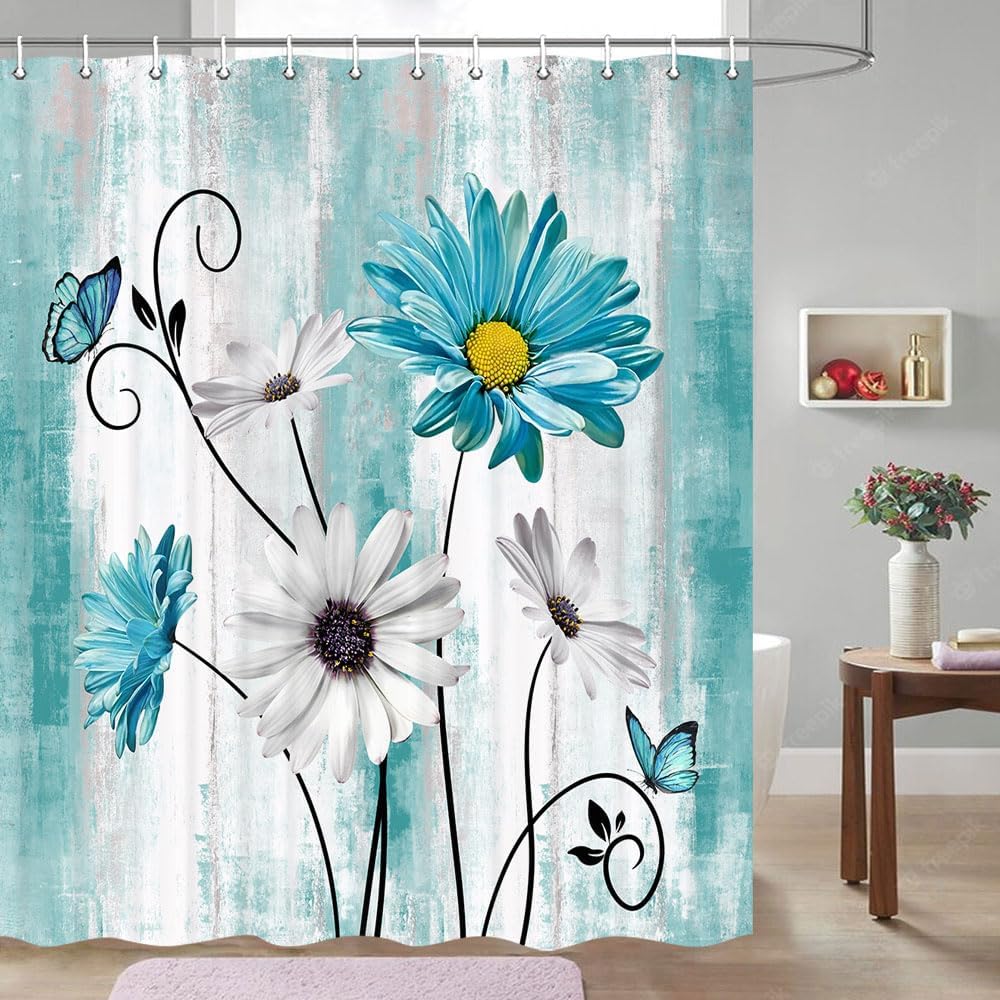 JAWO Teal Daisy Floral Flowers Shower Curtain, Farm Rustic Farmhouse and Butterfly on Country Wooden Shower Curtain, Turquoise Blue Shower Curtain with Hooks, 72X78 Inches(Teal)