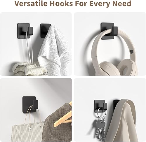 Miniatura 4 de Ganchos cuadrados autoadhesivos para toallas, paquete de 2 ganchos de metal negro mate, diseño en ángulo recto para toallas, batas y sombreros,