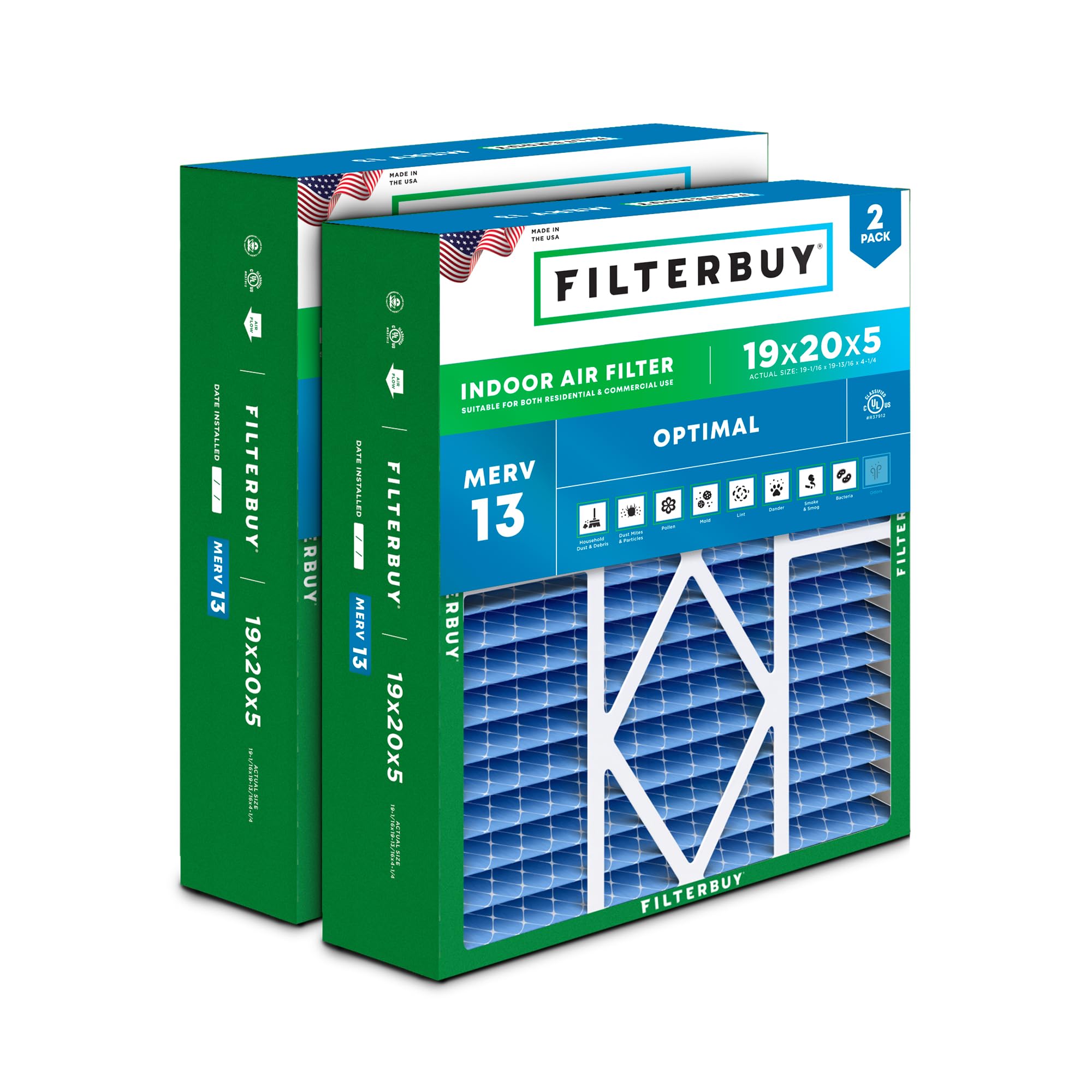 Filterbuy 19x20x5 Air Filter MERV 13 Optimal Defense (2-Pack), Pleated HVAC AC Furnace Air Filters for Bryant/Carrier, BDP, Day & Night, and Payne (Actual Size: 19.06 x 19.81 x 4.25 Inches)