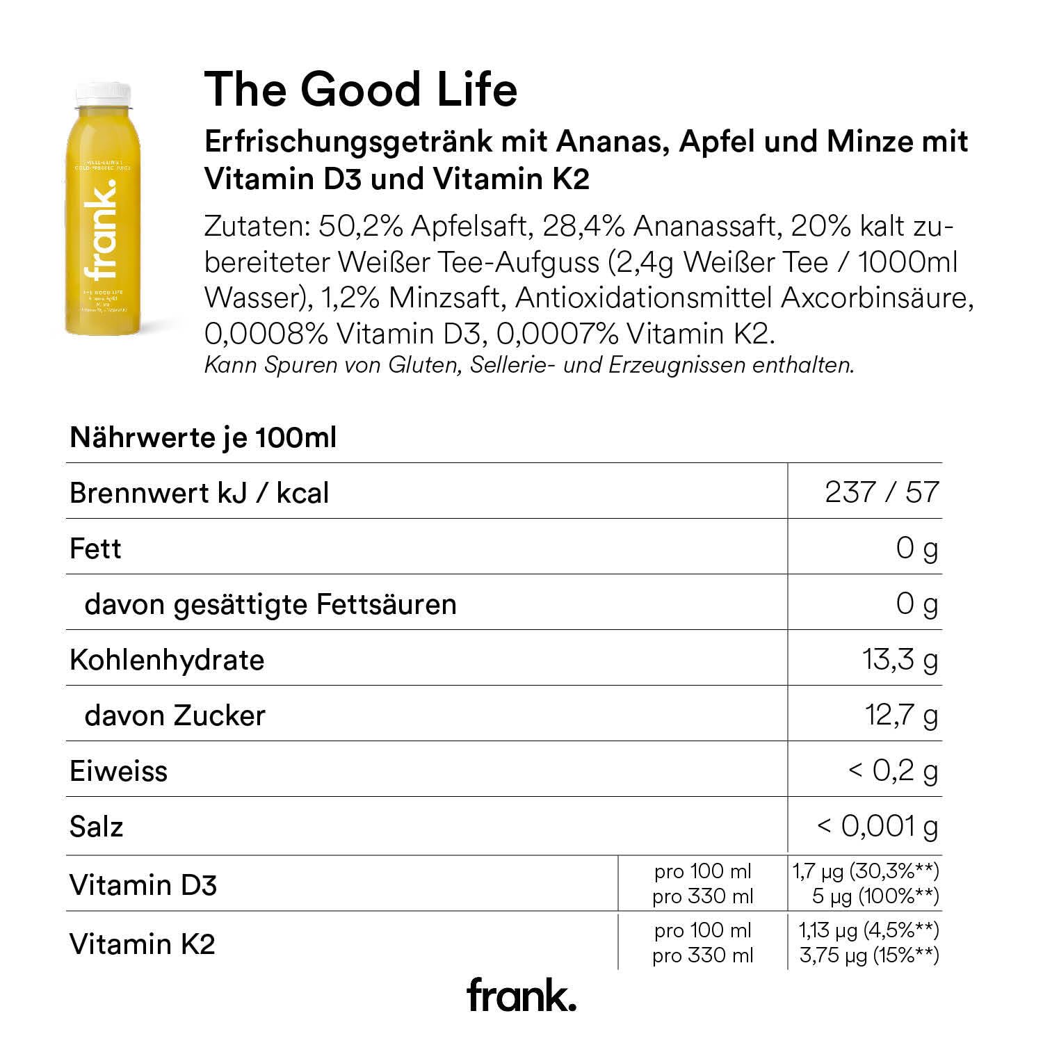 FRANK JUICE THE GOOD LIFE – kaltgepresster veganer Saft | 12 x 330 ml | Aus Fruchtsäfte & Gemüsesäfte mit Ananas, Apfel und Minze, inkl. EINWEG-PFAND 3€