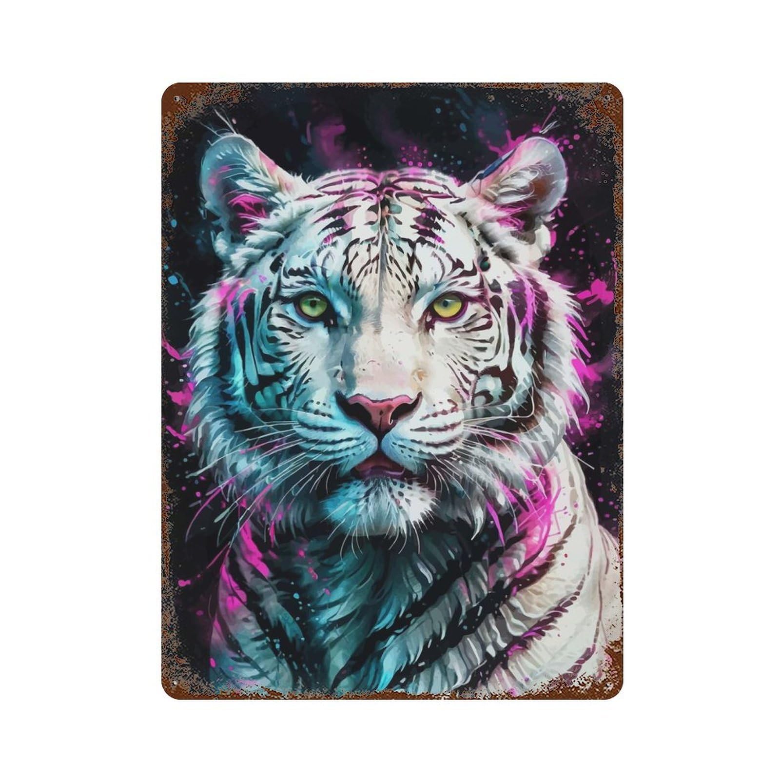 White Tiger with Neon Splashes Vintage Wall Sign 15.7"x11.8", Rust Effect Metal Decor for Office, Studio And Wall Decor