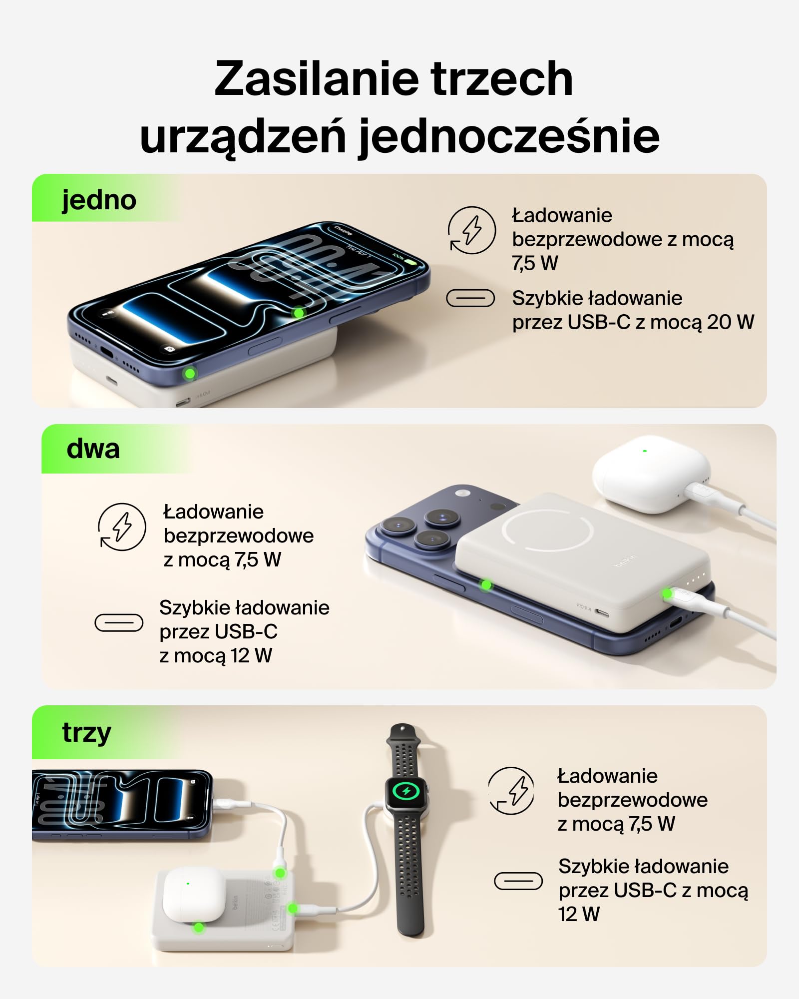 Belkin BoostCharge Magnetyczny Powerbank 10 000 mAh, Pierścień – Piaskowy | Powerbank Bezprzewodowy 10 000 mAh, Pierścień Magnetyczny do Akcesoriów, 2 Porty USB-C, Wstępnie Naładowany, Kabel w Zestawie