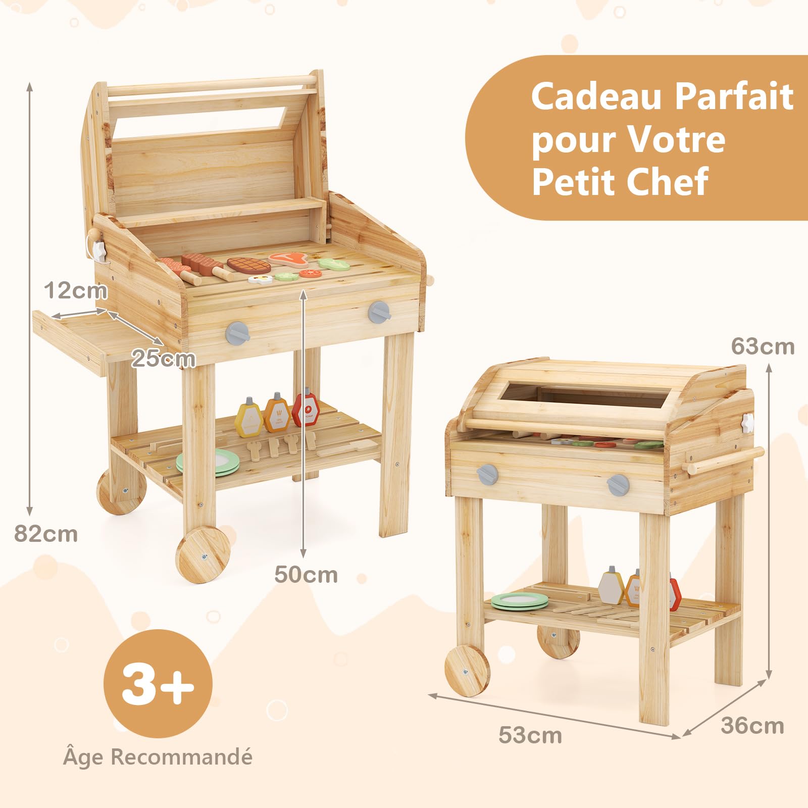 GOPLUS Barbecue en Bois Enfant, Jeu BBQ Set avec Nourriture de Jeu, Outils de Gril et Bouteilles d'Assaisonnement, Jouet de Cuisine Intérieur/Extérieur pour Enfant 3+ Ans