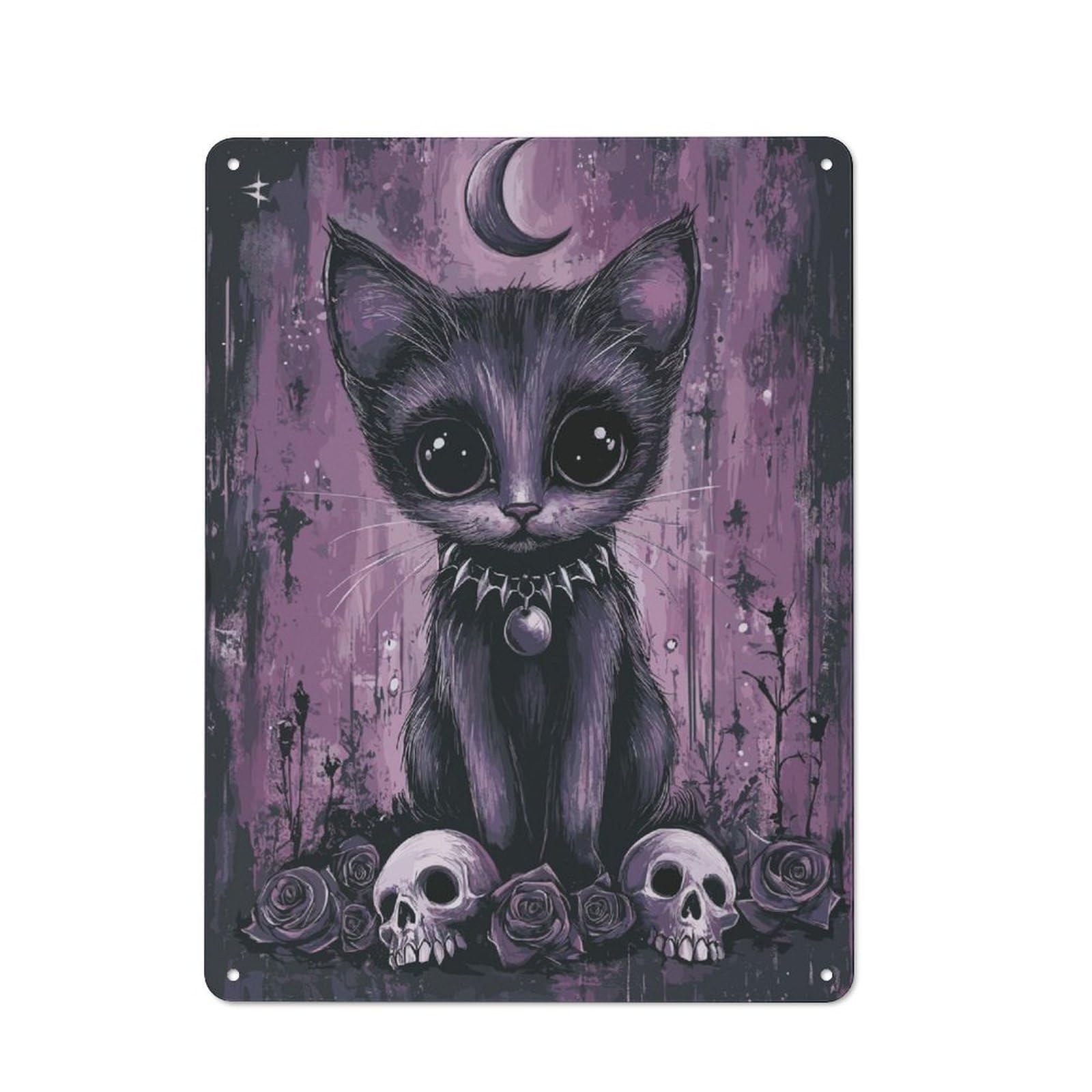 Junmoney Cute Gothic Kitten With Skulls Metal Plaque With Design 40X30cm, Retro Kitchen Wall Decor For Bakery, Diner, Cafe Or Family Room
