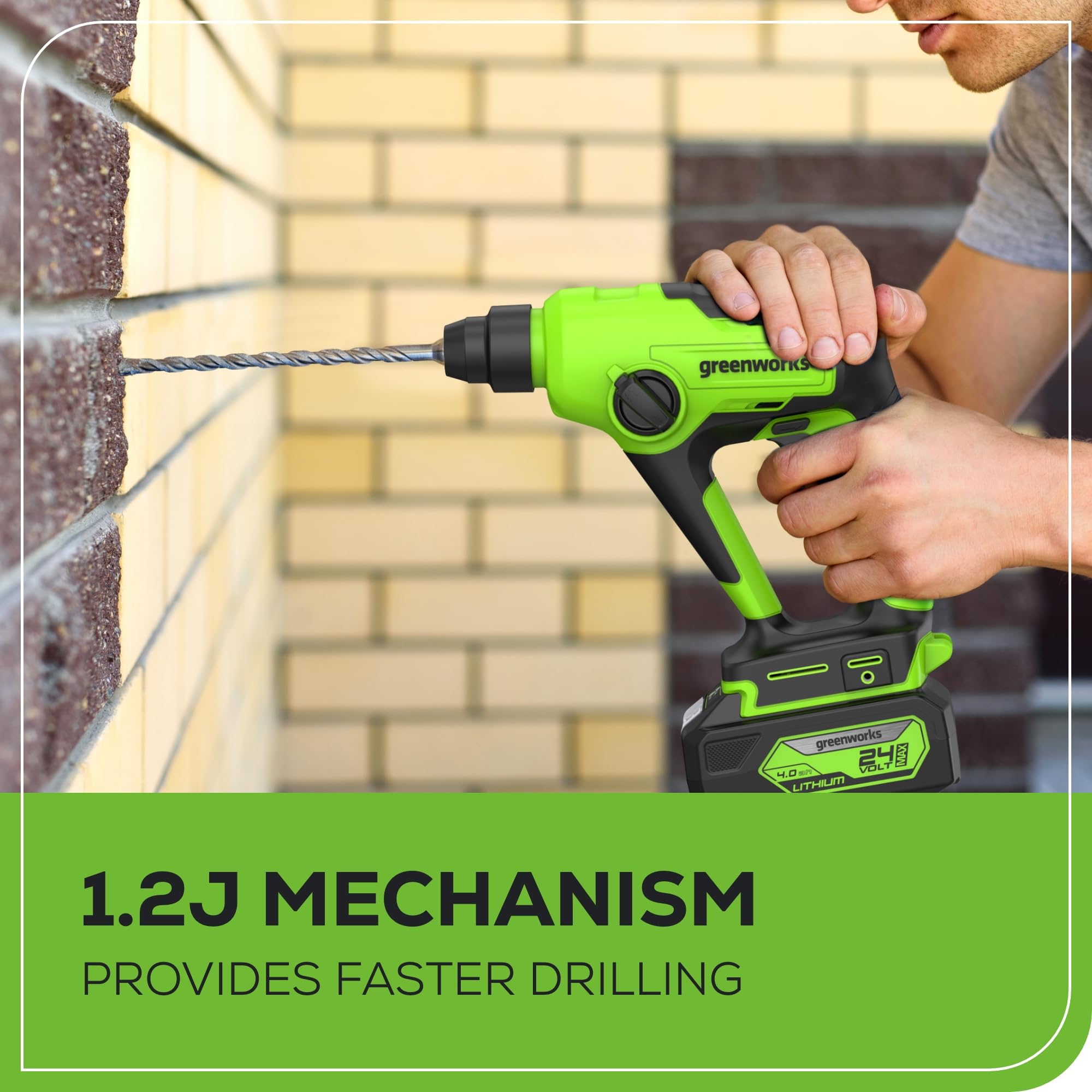 Greenworks 24 V 1,2 J - Martillo perforador inalámbrico con llave de impacto (300 Nm, batería de 2 Ah y cargador