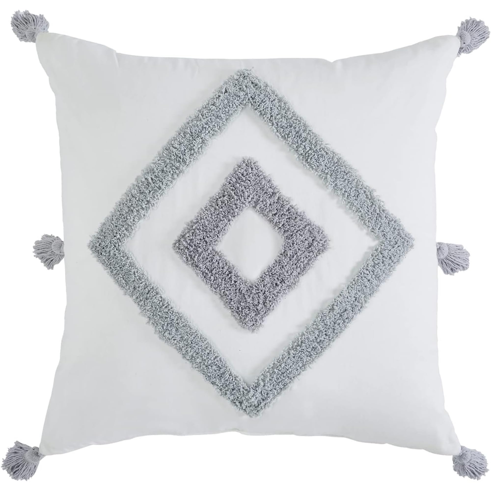 Indigo Ink Medallion Collection Boho Tufted Diamond Decorative Pillow with Tassels, 20" x 20", White