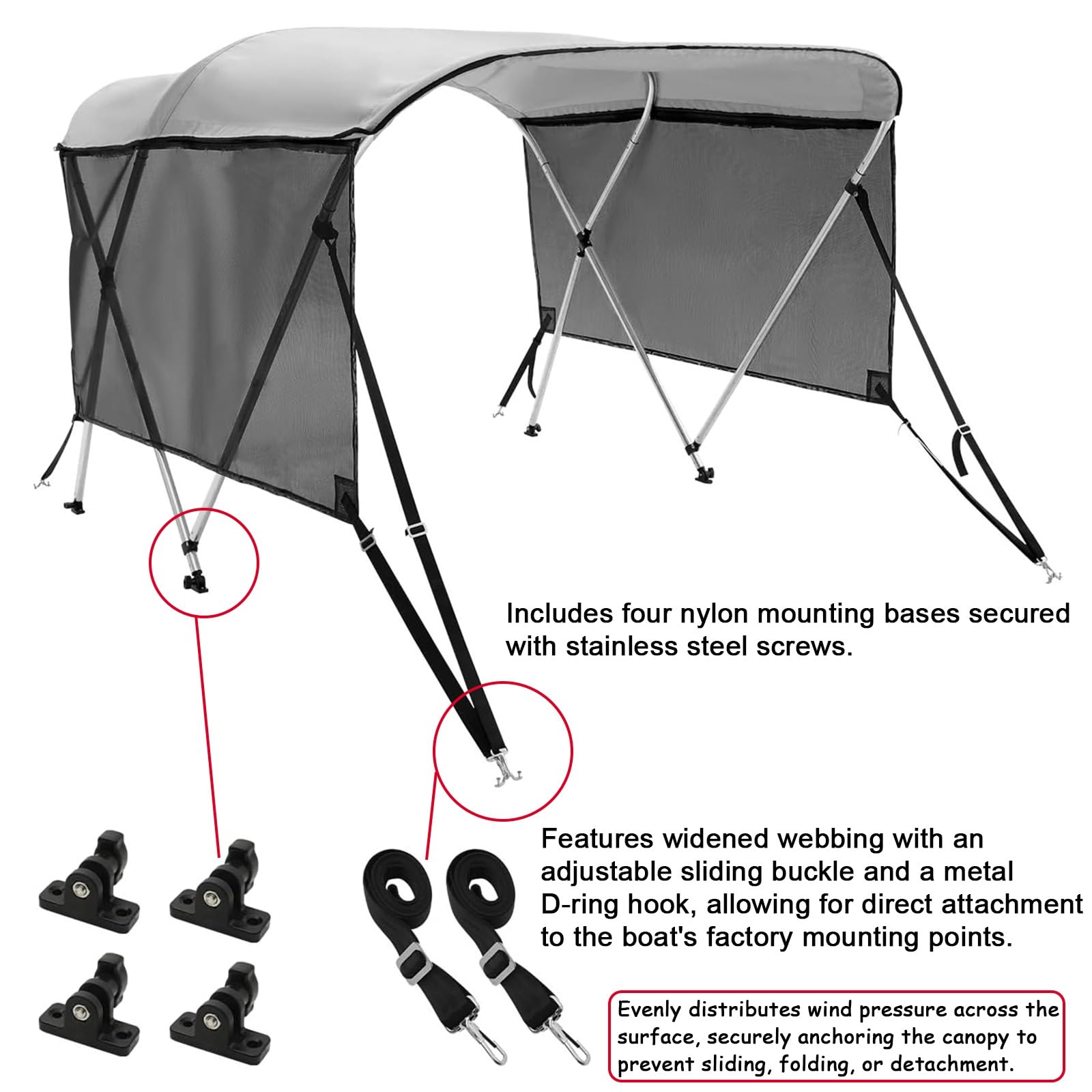 Tendalino Barca 3 Archi, Tendalino Bimini per Imbarcazione, Struttura in Alluminio, Pannelli Laterali Parasole, Tessuto Oxford 900D, 2 Pali di Supporto, 2 Cinghie(Beige,150-170cm/59-67in)