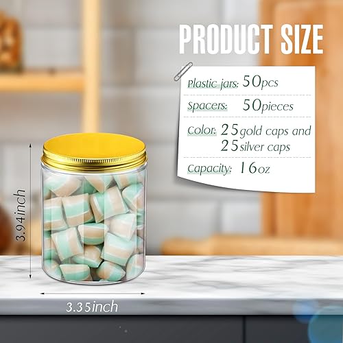 Miniatura 2 de Mifoci 50 tarros de plástico transparente de 16 onzas con tapas roscadas, redondos, vacíos, de plástico, para regalo, tarros herméticos