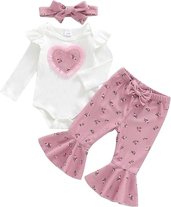 Baby Girl Fall Outfits Long Sleeve Heart Romper Floral Pattern Flared Pants Infant Winter Clothes Set