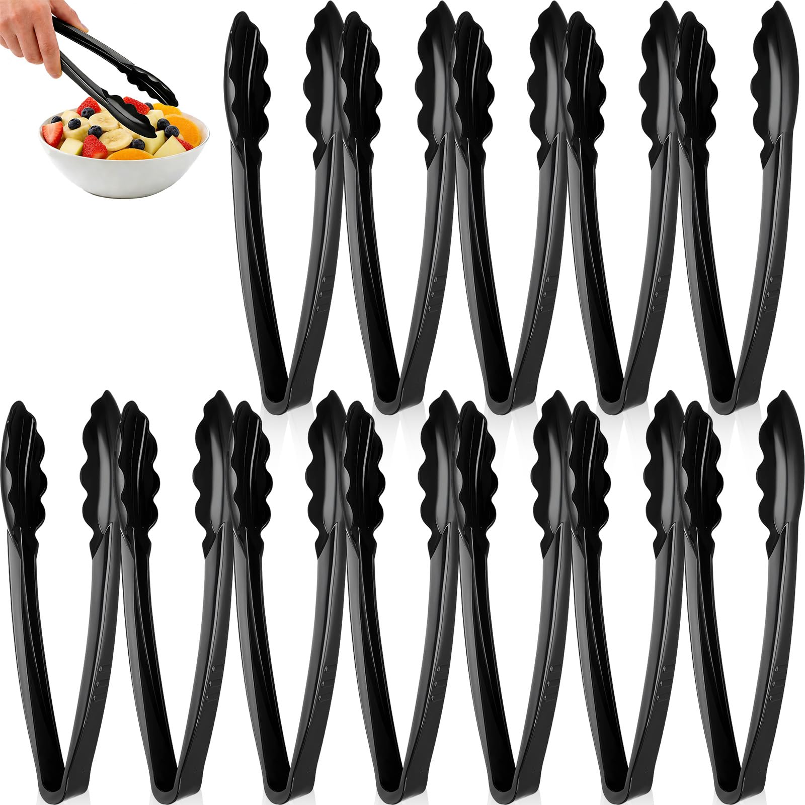12 Pack Plastic Serving Tongs, Black Heavy-Duty Hard Plastic Cutlery Salad Kitchen Tongs, Comfortable Grip Reusable Serving Utensils for Buffet, Hot & Cold Food, Christmas Parties Holidays Gatherings