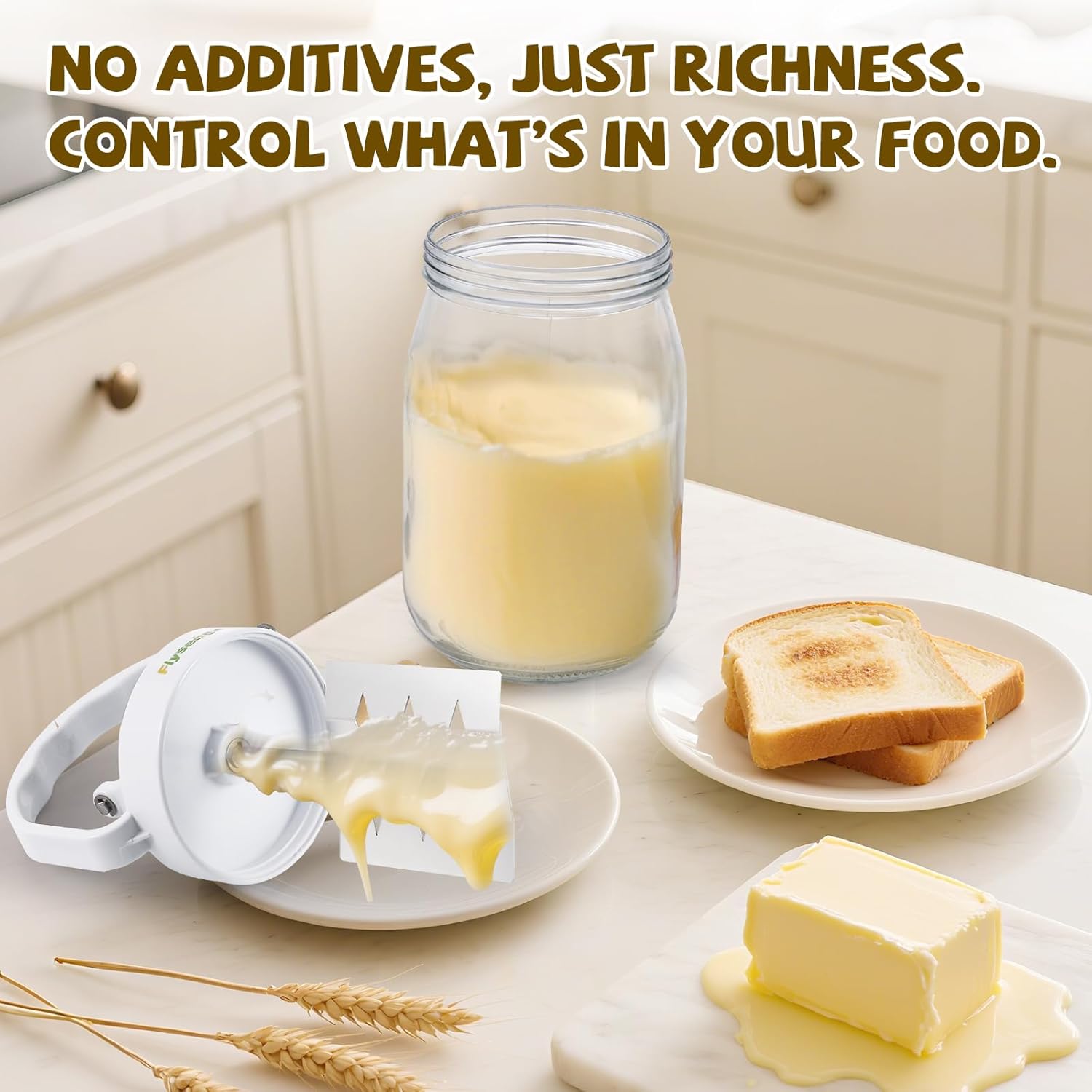 Butter Churner Hand Crank - 51OZ Large Capacity Hand Crank Butter Churner Mason Jar with Silicone Butter Mold with Lid, Cheese Cloth, Homemade Butter in 15 Min, Glass Manual Butter Maker