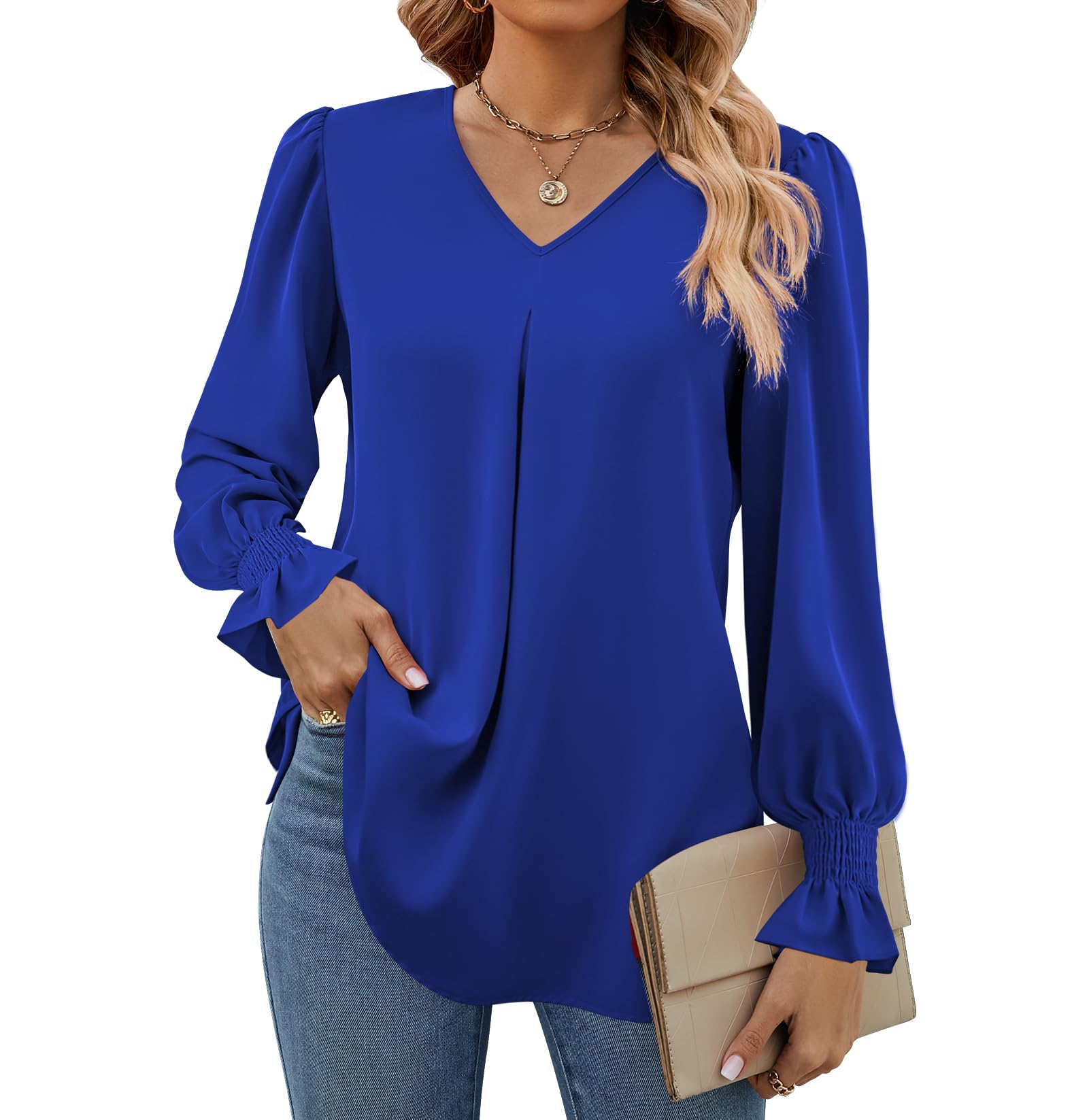 Funlingo Women's 2025 Long Sleeve Tops Dressy Casual V Neck Tunic Shirts Loose Chiffon Work Blouse