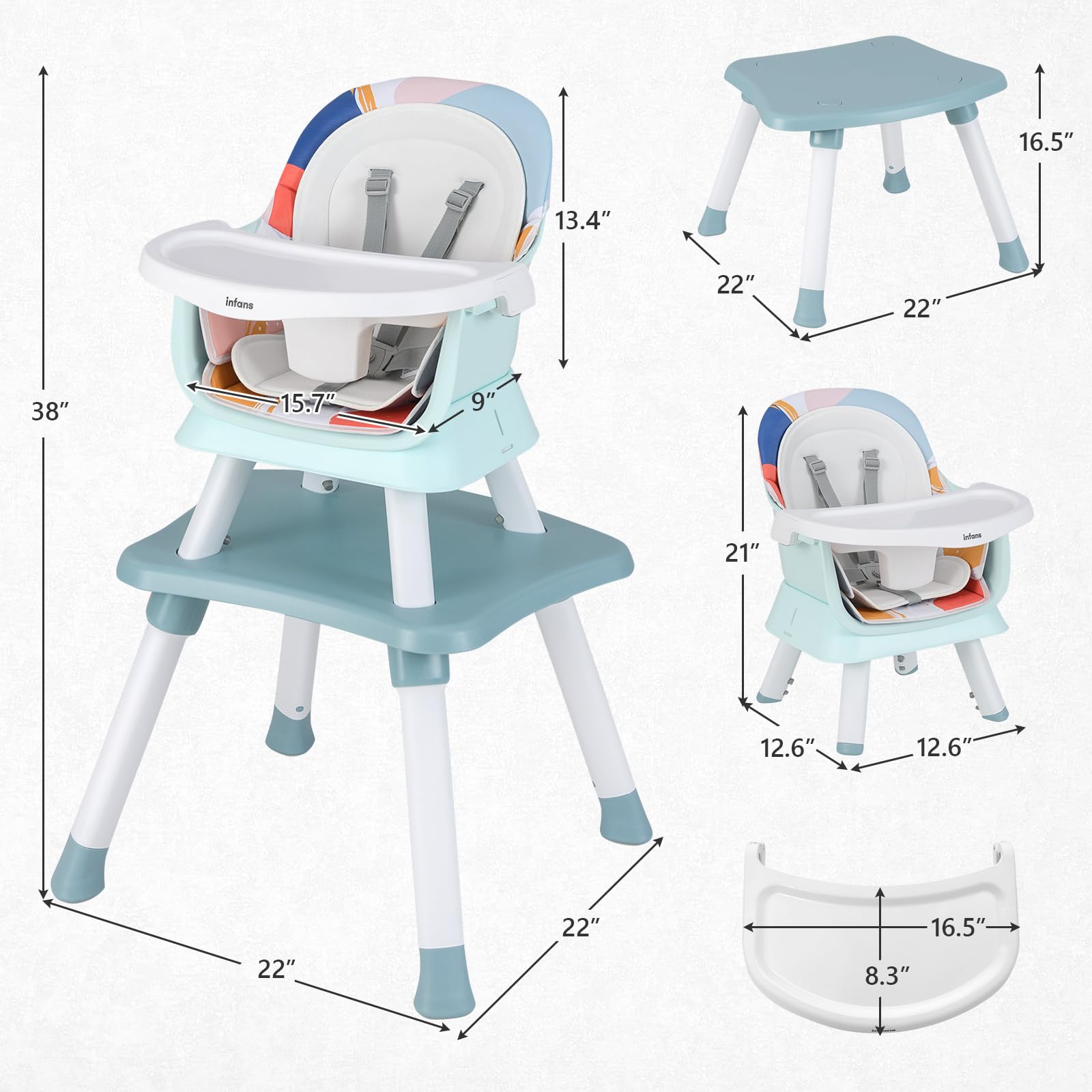 INFANS 8 in 1 Baby High Chair, Convertible Highchair for Babies and Toddlers, Infant Dining Booster Seat, Building Block Table, Kids Stool Table Chair Set with Removable Tray (8 in 1, Baby Blue)