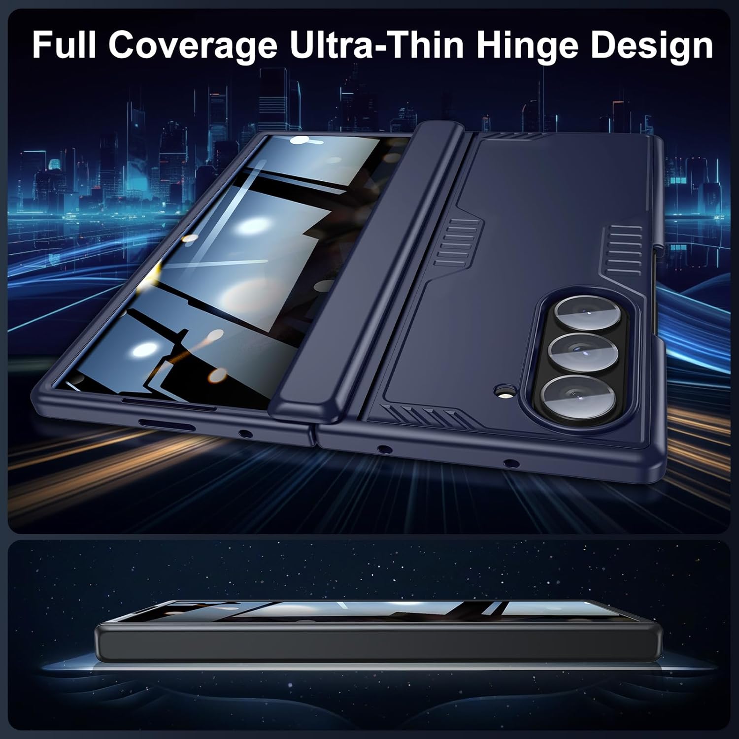 Kaiiecal for Samsung Galaxy Z-Fold-6 Case: Shockproof Rugged [Hidden Kickstand][Hinge Protection][Wireless Charging][Built-in Screen Protector] Armor Protective Cover with for Z Fold 6, Privacy Blue