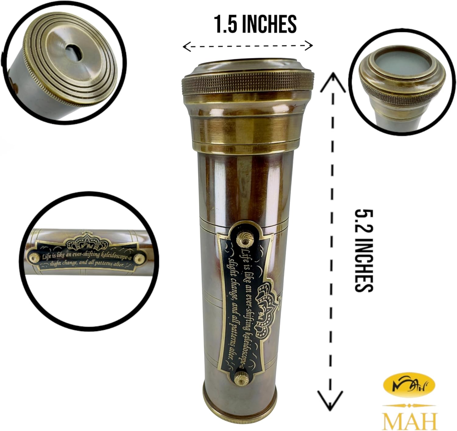 MAH Handcrafted Brass Kaleidoscope – Vintage Nautical Collectible Gift for Adults & Collectors – Sentimental Keepsake with Greeting Card – Decorative Home Décor Accent – Timeless Pattern Design